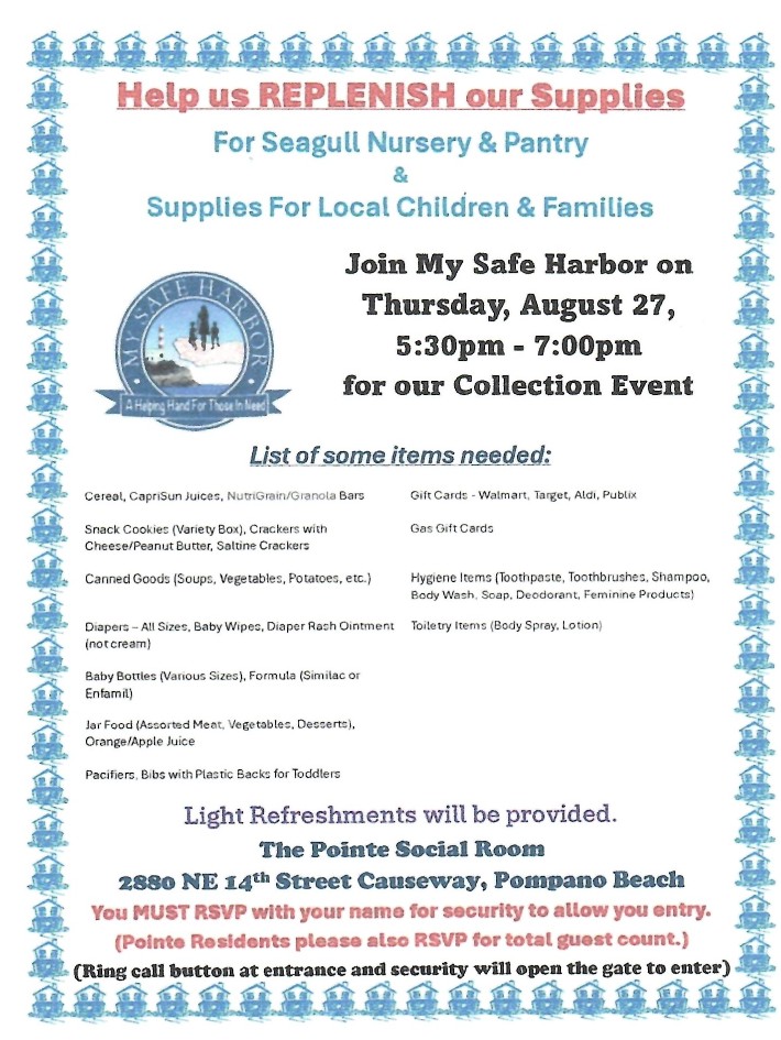 Flyer for the My Safe Harbor collection event on Thursday, August 27, 2026