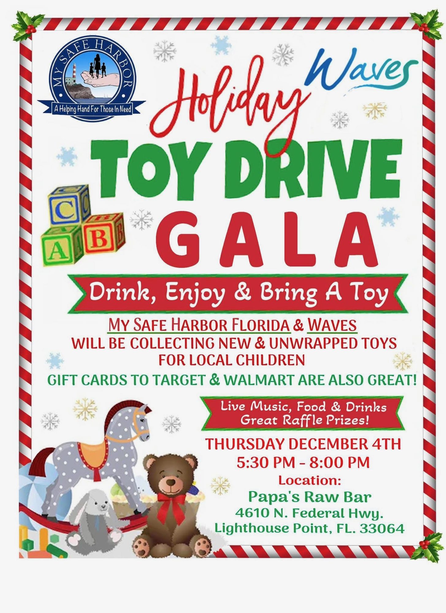 Flyer for the My Safe Harbor Holiday Toy Drive Gala on Thursday, December 4th