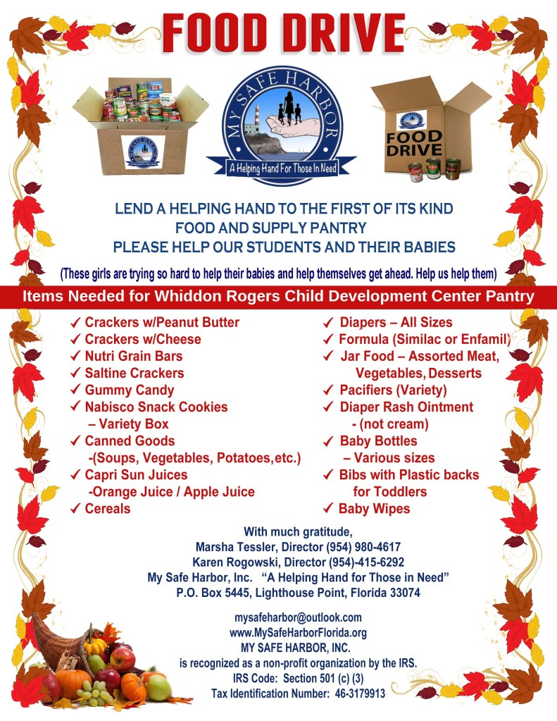 My Safe Harbor Thanksgiving Food Drive flyer, items needed for the Whiddon Rogers Child Development Center pantry